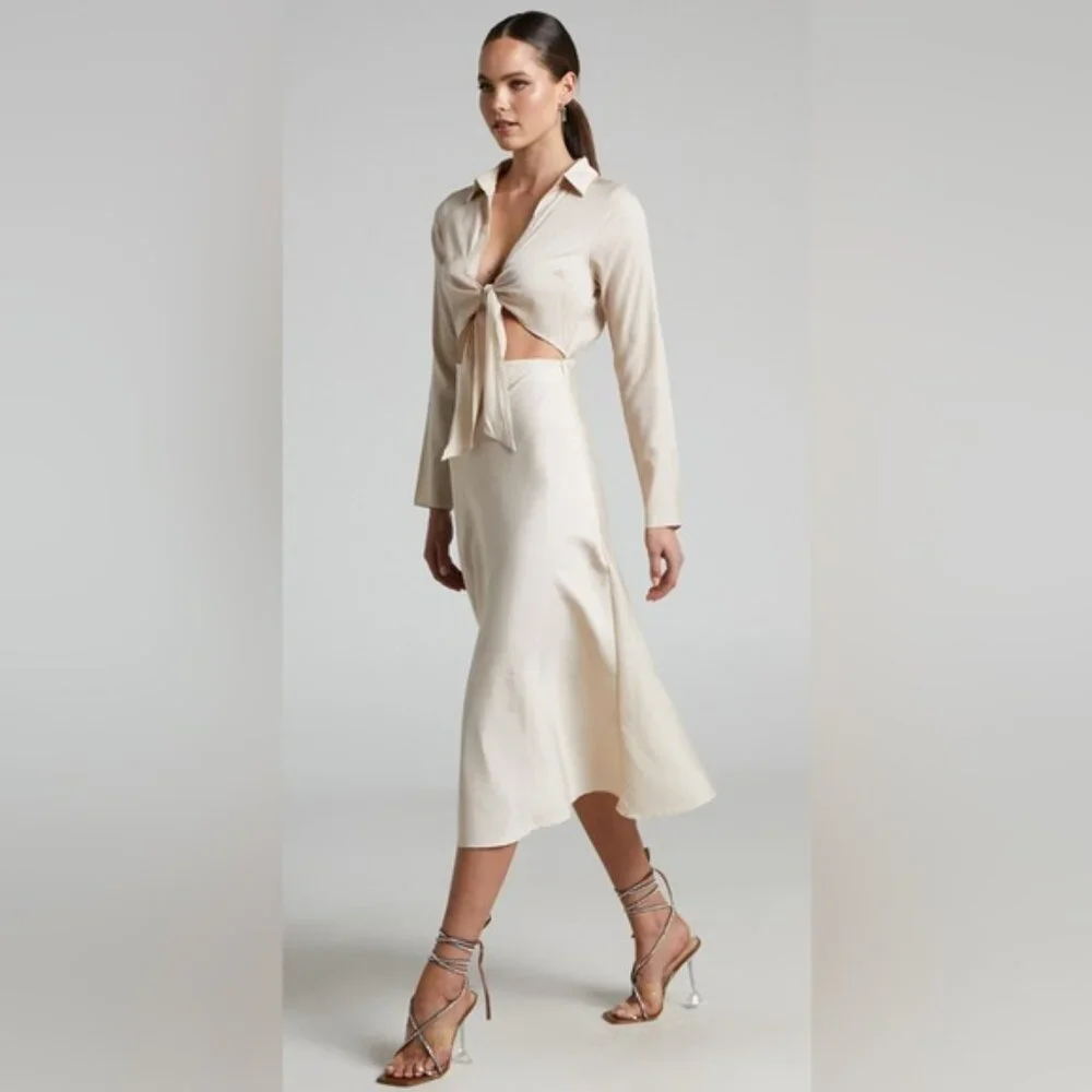 Showpo Annisa Tie Front Collared Midi Dress in Champagne - Picture 2 of 9